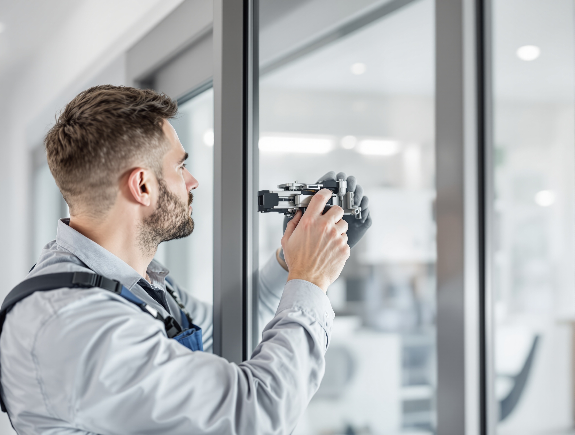 Technicien DFPRO installant une nouvelle baie coulissante aluminium